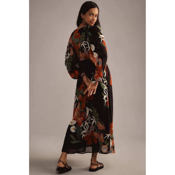 Farm Rio Anthropologie Floral Maxi Dress Black Red VNeck Long Sleeve Small Boho - Picture 3 of 16